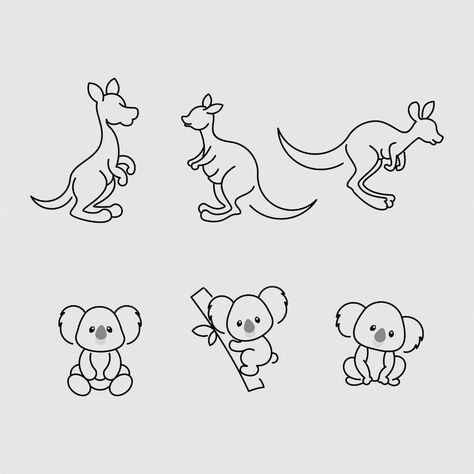 Kangaroo Outline Tattoo, Kangaroo Line Art, Simple Kangaroo Drawing, Koala Line Art, Baby Kangaroo Tattoo, Kangaroo Drawing Cute, Simple Koala Tattoo, Kangaroo Embroidery, Aussie Tattoo