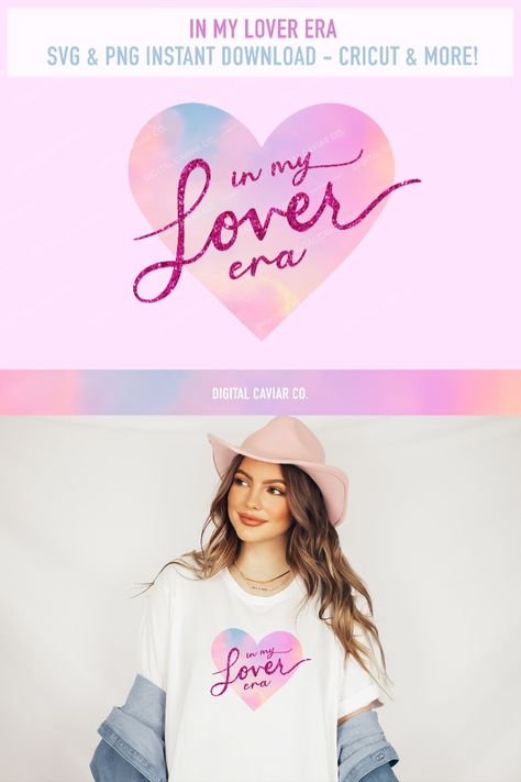 A Taylor Swift themed graphic of a dreamy cloud-filled heart with the phrase "in my Lover era" in hot pink cursive glitter letters on top of the heart. Below is a picture of a cute girl wearing a white t-shirt with the "in my lover era" graphic in the middle of the shirt Lover Shirt Taylor Swift, Taylor Swift Cricut Projects, Taylor Swift Shirt Svg, Taylor Swift Cricut Ideas, Invitations Cricut, Cricut Maker Projects, Taylor Swift Png, Cricut Pins, Taylor Swift Tshirt