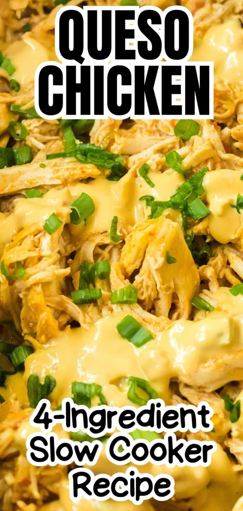 Easy and delicious Slow Cooker Queso Chicken Tacos recipe made with only 4 simple ingredients: rotel, queso, chicken breasts, and taco seasoning. They cheesy shredded chicken is a family favorite! Crock Pot Queso Chicken Tacos, Chicken And Nacho Cheese Recipes, Crockpot Pollo Loco, Boneless Chicken Recipes Crockpot, Chicken Queso Tacos Crockpot, Rotel Chicken Crock Pot, Queso Chicken Crockpot, Chicken Nachos Crockpot, Crockpot Queso Chicken