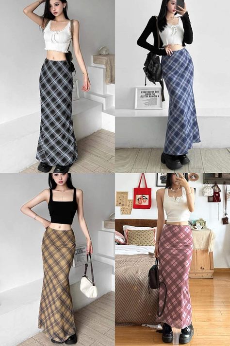 Plaid Long Skirt Outfit, Korean Long Skirt Fashion, Long Plaid Skirt Outfit, Plaid Long Skirt, Skirt Outfits Korean, Long Plaid Skirt, Soft Fits, Plaid Skirt Outfit, Checked Skirt