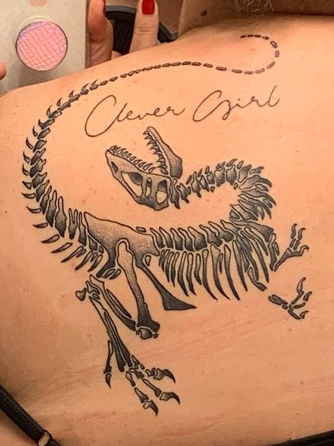 Jurassic park inspired raptor “clever girl” tattoo Raptor Tattoo Jurassic Park, Prehistoric Tattoo Ideas, Raptor Dinosaur Tattoo, Raptor Claw Tattoo, Clever Girl Tattoo, Jurassic Park Tattoo Ideas, Jurassic Park Tattoos, Jurrasic Park Tattoo, Raptor Skeleton