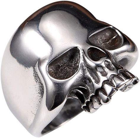 Black Stainless Steel Men's Cool Skull Head Solid Ring Punk New|Amazon.com Black Skull Ring, Biker Rings Mens, Gothic Punk Fashion, Alien Skull, Half Skull, Rings Mens, Mens Stainless Steel Rings, Biker Gifts, Biker Rings