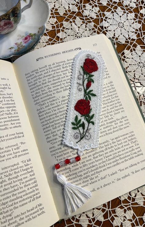 Lace Bookmarks, Rose Bookmark, Lace Bookmark, Embroidered Art, Book Marks, Rose Lace, Blooming Rose, Beaded Tassels, Any Book