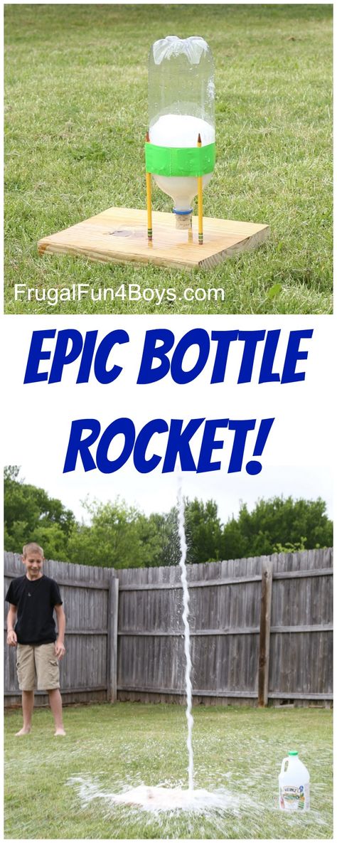 This EPIC Bottle Rocket Flew Higher Than our Two Story House! Use a soda bottle, baking soda, and vinegar.  Super fun science and backyard project! Demonstrate Newton's 3rd law of motion. Diy With Kids, Science Demonstrations, Bottle Rocket, Summer Science, Kid Science, Kid Experiments, Science Party, Fair Projects, Boredom Busters