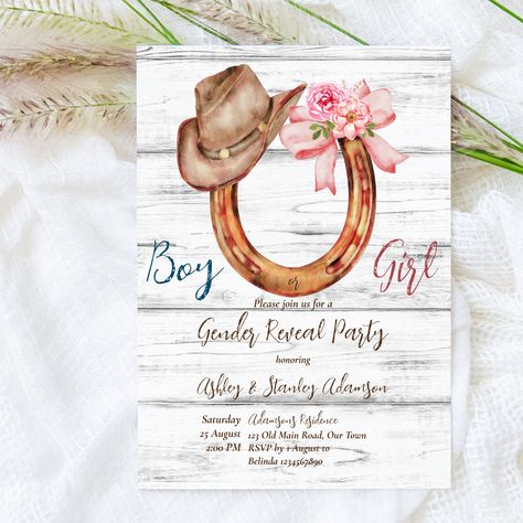 Vaquero Gender Reveal, Gender Reveal Cowboy Or Cowgirl, Western Gender Reveal Ideas, Cowboy Gender Reveal, Country Gender Reveal, Bow Gender Reveal, Cowboy Baby Shower, Gender Reveal Party Invitations