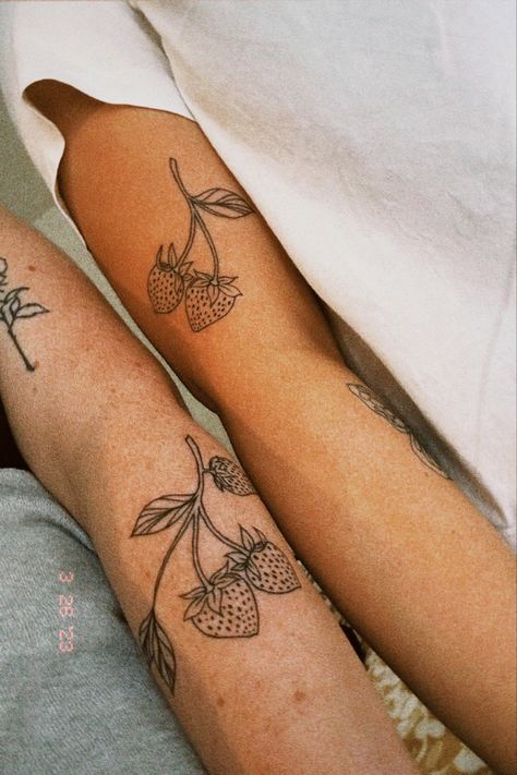 Peony And Strawberry Tattoo, Strawberry With Flower Tattoo, Strawberries On A Vine Tattoo, Line Work Strawberry Tattoo, Strawberry On Vine Tattoo, Strawberry Vine Tattoos, Matching Strawberry Tattoo, Strawberry Arm Tattoo, Matching Fruit Tattoos