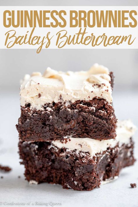 Guinness Chocolate Brownies with Baileys frosting are rich decadent bars perfect for St. Patricks Day or another celebration! Baked with a Guinness these brownies have an insane chocolate flavor, leave them unfrosted or top with a Baileys Swiss Meringue Buttercream. #guinnessbrownies #guinnessandbaileysrecipe #baileysfrosting Guiness Brownies Easy, Guiness Brownies, Baileys Frosting Recipe, Baileys Brownies, Irish Cream Brownies, Baileys Frosting, Baileys Buttercream, Bailey Brownies, Baileys Cream