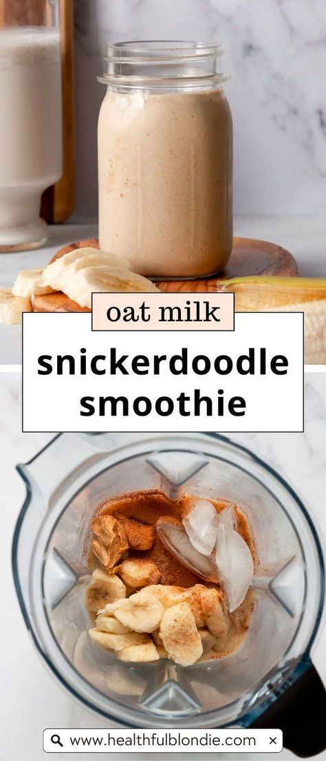 This creamy dairy free smoothie with oat milk tastes like a Snickerdoodle, but it's healthy! It's made with just a handful of ingredients: banana, peanut butter, cinnamon, and oat milk. This snickerdoodle smoothie is the perfect breakfast smoothie, snack, or healthy dessert. Smoothie Recipes Cinnamon, Oat Smoothie Recipes Healthy, Oat Milk Drink Recipes, Smoothies With Oat Milk, Oat Smoothie Recipes, Dairy Free Smoothie Recipes, Oat Milk Drinks, Snickerdoodle Smoothie, Cinnamon Smoothie Recipes