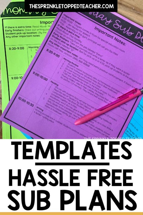 Substitute teacher plans that are hassle free! Feel like it is harder to create sub plans than it is to just teach sick? Substitute plans do not have to take forever to complete! I finally came up with something that worked. It worked for me, the sub, and the students. Head over to The Sprinkle Topped Teacher blog to see how I create my sup plans in 20 minutes! |Substitute teacher plans | Substitute teacher plans template | Substitute teacher lesson plans | #classroom #teacherlife #teaching Substitute Plans Template, Lesson Plans Template, Substitute Teacher Lesson Plans, Substitute Teacher Plans, Substitute Plans, Writing Lesson Plans, Elementary Lesson Plans, Back To School Night, Teacher Planning