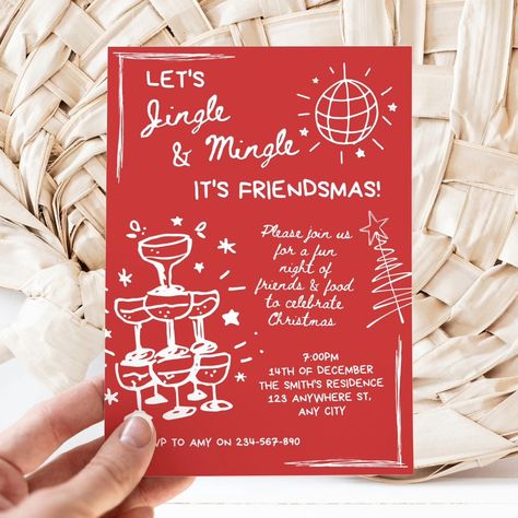 It's friendsmas time! 🍻🎅🎄 Hand drawn Christmas party invitation template. Let's jingle and mingle, it's time for a friendsmas party! Hand drawn party invitations are totally a vibe! Christmas is here, celebrate your family Christmas dinner or Friendsmas with this scribble Christmas drawing invitation template! This Christmas party invite set is easy to edit, ready for your upcoming Christmas cocktails or Christmas girls night in. Whether you are celebrating a corporate Christmas party or... Holiday Block Party Ideas, Fun Christmas Party Invitations, Christmas 21st Birthday Party, Christmas Girls Night Invite, Christmas Dinner Party Favors, Fun Christmas Party Ideas For Adults, Christmas Birthday Party Invitations, Girls Christmas Dinner Party, December Resident Events