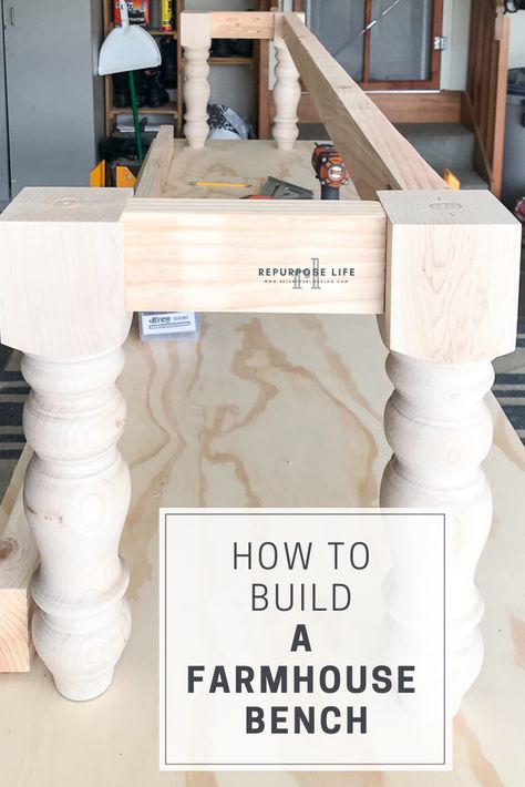 Easy DIY bench tutorial. How to build a modern farmhouse bench for your entryway, dining room, bedroom or great for outdoors too! Easy Diy Bench, Build A Bench, Build A Farmhouse, Farmhouse Bench Diy, Diy Seating, Diy Bench Outdoor, Build A Table, Diy Handyman, Entryway Dining Room