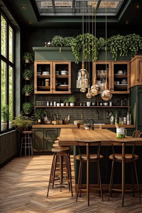 Earthy Kitchen, Dark Green Kitchen, Earthy Home, Home Decor Hacks, Green Room, Dark Kitchen Cabinets, Kitchen Inspiration Design, Decoration Inspiration, Cabinet Decor