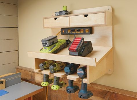 Building a Cordless Drill Charging Station: It’s not uncommon for a woodworker to own two or three different cordless drills, plus various other power tools. And that’s the inspiration behind this cordless drill charging station. Diy Cordless Tool Storage, Garage Woodshop, Woodsmith Plans, Power Tool Storage, Garage Tool Storage, Tool Storage Diy, Shop Cabinets, Diy Garage Storage, Garage Storage Organization