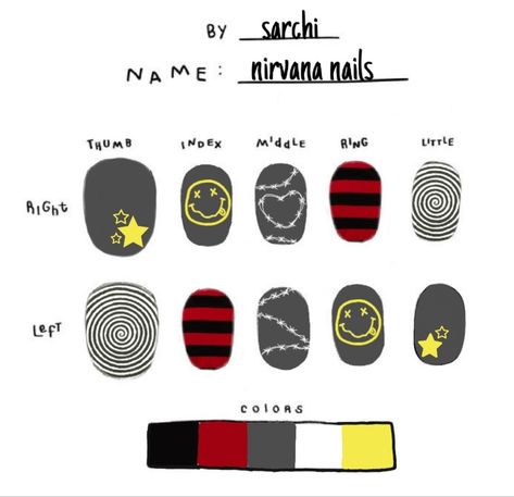 Nirvana Nail Design, Grunge Nails Easy, Pierce The Veil Inspired Nails, Nirvana Nail Art, Rockstar Nail Designs, Nail Ideas Drawings, Mcr Nails, Busy Nails, Nail Designs Grunge