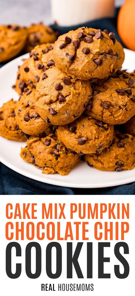 It only takes four ingredients and 20 minutes to make sweet and chewy Cake Mix Pumpkin Chocolate Chip Cookies! #Realhousemoms #cakemix #pumpkin #chocolatechip #cookies #cookiemonster #halloween #thanksgiving #backtoschool #kidapproved #fall Pumpkin Chocolate Chip Cookies Easy, Soft Pumpkin Chocolate Chip Cookies, Pumpkin Cake Mix Cookies, Spice Cake Mix And Pumpkin, Pumpkin Desserts, Pumpkin Chocolate Chip, Pumpkin Chocolate Chip Cookies, Spice Cake Mix, Pumpkin Chocolate Chips