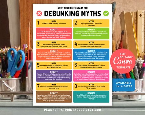 🚨STOP!🚨 Don't believe the PTA/PTO myths - get the facts with our Editable Debunking 8 PTA PTO Myths Flyer Template! 💡 Create your own DIY membership flyer with ease using Canva for only $9.99. 💰 Don't miss out on this amazing deal! 🤩 #PTA #PTO #myths #flyertemplate #membership #diy #canva #sale #bargain #debunking #educational Canva Flyer, Parent Teacher, Parents As Teachers, School Colors, Editable Template, Save Time, Flyer Template, Stationery Design, From Scratch