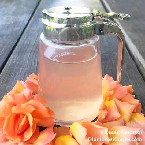 Rose Simple Syrup - Glamorosi Cooks Rose Simple Syrup, Candied Orange Peel Recipe, Orange Peel Recipe, Rose Syrup, Rose Simple, Fresh Rose Petals, Cut Strawberries, Candied Orange, Simple Syrup Recipes