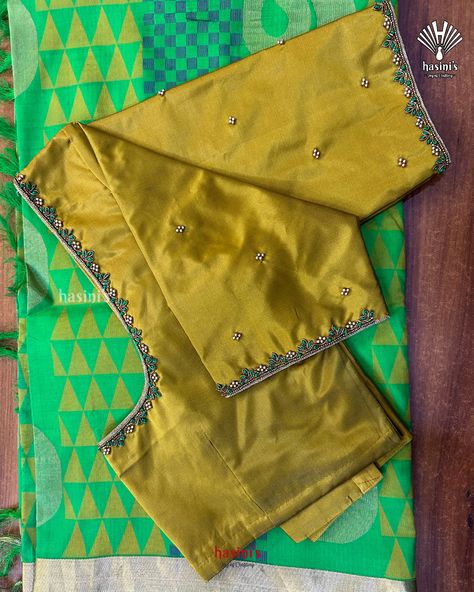 Thread Hand Work Blouse Design, Bottle Green Blouse Designs, Simple Aari Thread Work Blouse Design, Simple Thread Work Blouse Designs, Simple Aari Work Blouse, Basic Blouse Designs, Green Blouse Designs, Brocade Blouse Designs, Blue Blouse Designs