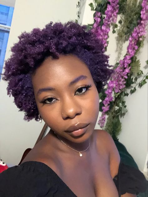 Dyed Afro Hair 4c Purple, Purple Afro Hair Black Women, 4c Purple Hair, Coloured 4c Natural Hair, Purple 4c Natural Hair, Purple Hair Dye Ideas For Black Hair, Black Women Purple Hair, Hair Wax Color Natural Hair 4c, Coloured Afro Hair