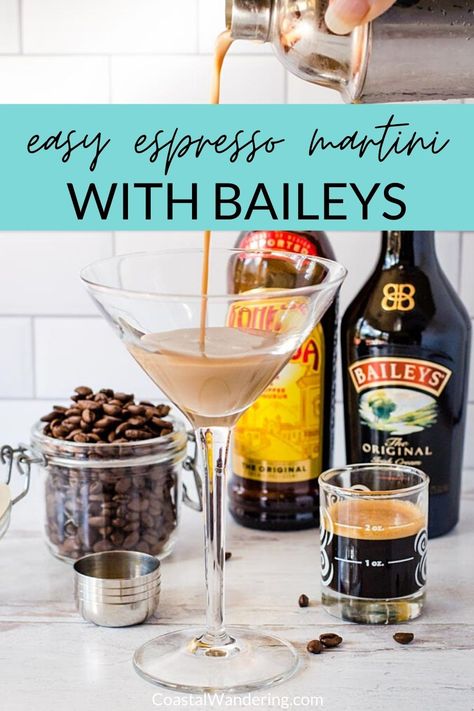 One sip and you'll fall in love with this easy espresso martini made with Baileys and Kahlua! It's the perfect blend of sweet, creamy coffee flavor with a kick. Best of all, this espresso martini recipe is super simple to mix up, even if you don't have an espresso machine! To make this Baileys espresso martini you’ll need just a few basic ingredients. And I'm giving you plenty of options for substitutions so you can make it with whatever you have. via @coastalwandering Martinis Made With Baileys, Coffee Martini Recipe Baileys Irish Cream, Expresso Martini Recipe Baileys, Irish Espresso Martini, Baileys Expresso Martini, Espresso Martini Without Kahlua, Expresso Martini Easy, Baileys Cocktails Easy, Kahlua Martini Recipes