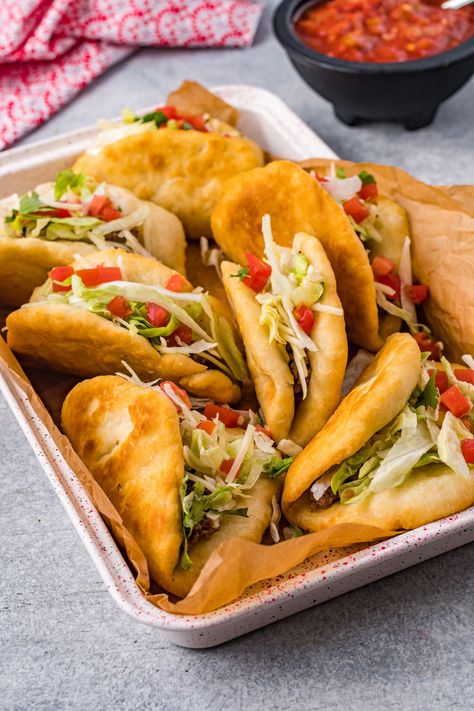 Taco Bell Chalupas - My Incredible Recipes Mexican Chalupas Recipe, Taco Bell Chalupa, Chalupa Recipe, Taco Pinwheels, Taco Bell Mexican Pizza, Fry Bread, Hamburger Meat, Tomato Vegetable, Shredded Lettuce