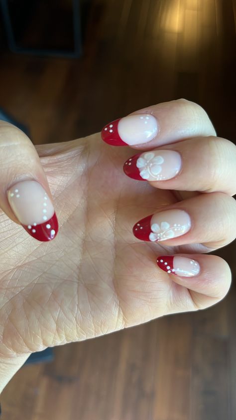 Japan Inspired Nails, Japan Nails, Almond Nails Red, Island Nails, Hawaiian Nails, Hawaii Nails, Ny Nails, Red Toenails, Red And White Nails