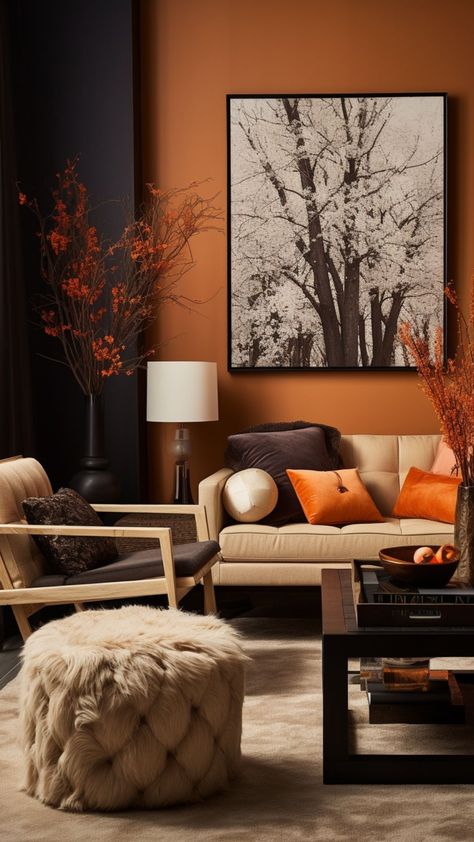 living room cozy living rooms  cozy living room small living room ideas home inspo chill apartment vibes home decor ideas cozy apartment aesthetic room inspo  wall decor fall season room inspo  wall decor modern design house design Black Cream And Burnt Orange Living Room, Black And Orange Living Room Ideas, Black And Burnt Orange Living Room, Orange And Gray Living Room, Orange And Brown Living Room, Blue And Orange Living Room, Burnt Orange Living Room, Living Room Designs Cozy, Black Living Room Decor