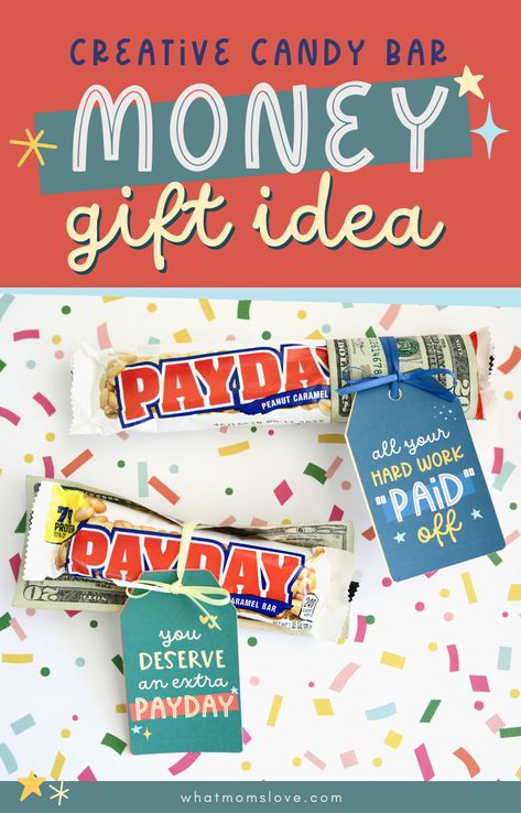 Take a candy bar and turn it into a cool gifting money idea! A creative way to give cash for all occasions - graduation, Christmas, teacher appreciation & more! Payday Bars, Payday Candy, Payday Candy Bar, Candy Bar Gifts, Gifting Money, Money Bill, Creative Money Gifts, Cash Gift, Homemade Holiday