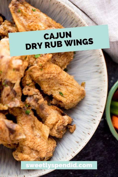 Plate of cajun chicken wings with a dry rub seasoning. Cajun Wings Recipe, Cajun Dry Rub, Chicken Wing Rub, Cajun Chicken Wings, Cajun Wings, Dry Rub Wings, Healthy Crock Pot, Delicious Chicken Recipes, Wings Recipe