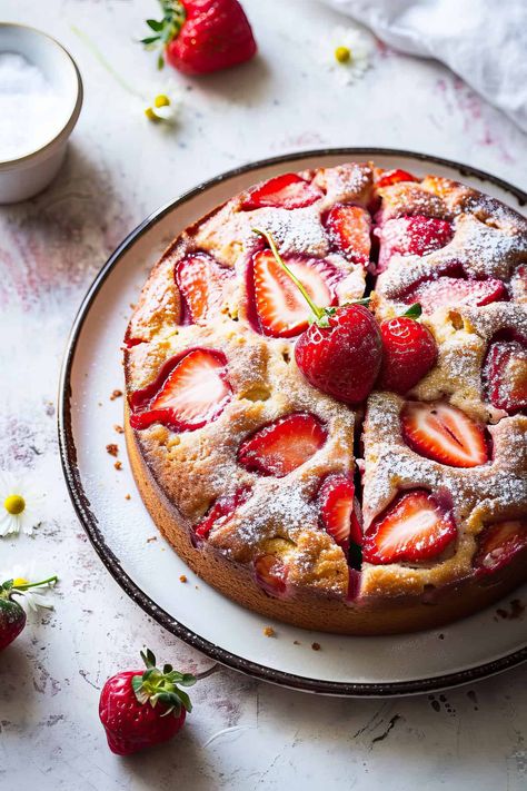 Strawberry Rhubarb Cake. Simple farmhouse style cake perfect for summer picnics and entertaining or just snacking. #cake #summer #strawberries #easyrecipe Strawberry Rhubarb Dessert Recipes, Rhubarb Strawberry Cake, Picnic Baking, Deserts With Strawberries, Strawberry Rhubarb Cake, Rhubarb Desserts Recipes, Strawberry Rhubarb Recipes, Snacking Cake, Strawberry Cake Recipe