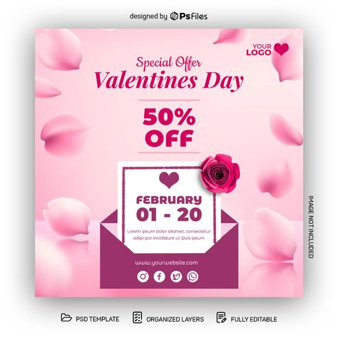 Valentines Day Special Offer Social Media Post PSD Template - PsFiles Valentines Day Social Media Posts, Offer Social Media Post, Valentines Day Post, Valentines Day Special, Psd Template Downloads, Valentine Day Special, Psd Template Free, Free Valentine, Valentine Special