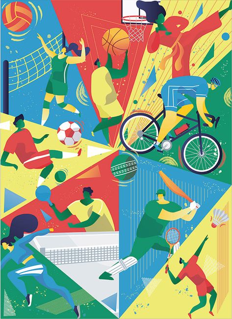 Olympic Games Illustration, Sports Day Poster, Sports Illustrations Art, Olympics Graphics, Sports Illustrations Design, Sports Illustration, Rock Games, Sports Drawings, Sports Painting