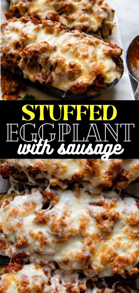 Stuffed eggplant boats with sausage are an easy gluten free and low carb dinner option the whole family will love! Use sweet Italian sausage, marinara and mozzarella cheese for an easy eggplant stuffing. Baked Stuffed Eggplant With Italian Sausage, Stuffed Eggplant Boats, Sweet Italian Sausage Recipes Low Carb, Mediterranean Stuffed Eggplant, Eggplant Italian Sausage, Eggplant Cheese Recipes, Eggplant Lasagna Boats, Sausage Stuffed Eggplant Recipes, Eggplant Recipes Stuffed