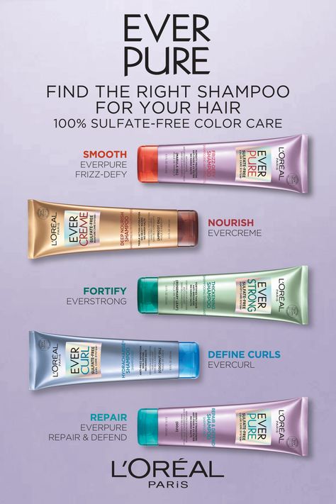 There is an EverPure for every hair need. EverPure Frizz to smooth, EverCreme to nourish, EverStrong to fortify, EverCurl to define curls, EverPure Repair to repair, & more. All 100% sulfate-free. Loreal Ever Pure Shampoo, Loreal Everpure, Long Face Short Hair, Define Curls, Vegan Hair Care, Hair Care Products Professional, Cosmetics Photography, Vegan Hair, Sulfate Free Shampoo