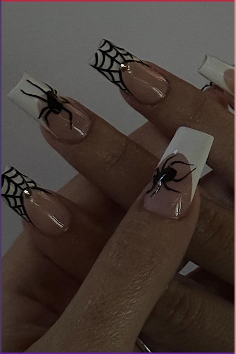 French Tip With Halloween Design, Halloween Inspired Acrylic Nails, Spiderman Inspired Nails Simple, Black Short Coffin Nail Ideas, Gel Nails Halloween Design, Spiderweb Nails French Tip, Spider Gem Nails, Halloween Nails Designs Short, Spider French Tip Nails