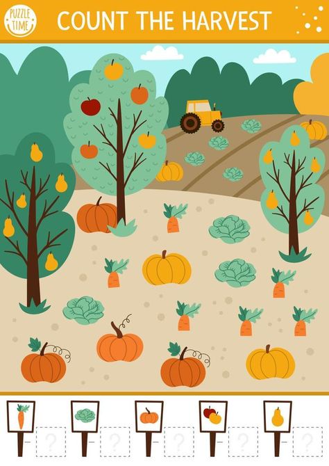 Autumn counting game with harvest in the garden or field. Fall or Thanksgiving math activity for preschool children. Simple printable farm themed worksheet. Educational puzzle for kids. Vegetable Activity For Kids, Math Activity For Preschool, Autumn Counting, Vector Garden, Harvest Activities, Garden Field, Thanksgiving Math Activities, Harvest Garden, Farm Coloring Pages