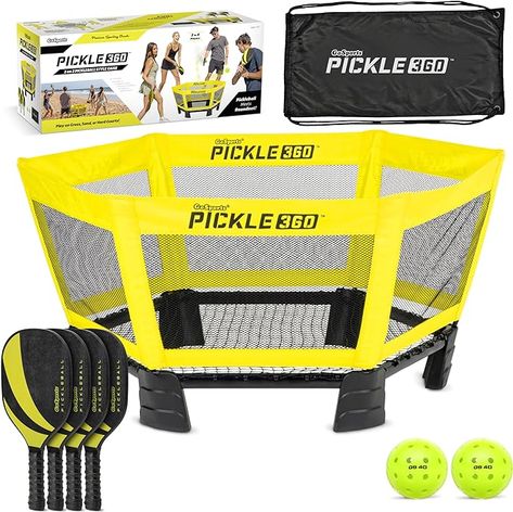 Discover Pickle 360, the thrilling 2-on-2 game inspired by pickleball that you can play anywhere. Perfect for outdoor family fun, ages 13+, and a hit with pickleball enthusiasts. The set includes a sturdy target, 4 paddles, 2 certified pickleballs, and a carry case. Enjoy exciting gameplay, improve your hand-eye coordination, and play on any surface with a silent net. Quick to set up and easy to take on the go!

#Pickleball #OutdoorGames #FamilyFun #PortableGame #Pickle360 #SportsAdventures Camp Games For Adults, Family Games Outdoor, 2025 Summer, Paddle Ball, Tennis Party, Wooden Paddle, Core Exercises, Game Nights, Gym Flooring