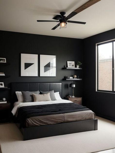 Modern Masculine Bedroom, Modern Mens Bedroom, Black Platform Bed, Male Bedroom, Male Bedroom Ideas, Black Walls Bedroom, Aesthetic Bedrooms, Mens Bedroom Decor, Black Bedroom Design