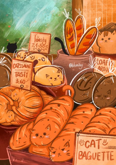 Cat As Food Art, Cats As Food Drawings, Loaf Of Bread Illustration, Cat Loaf Illustration, Cat Inspired Food, Food Cat Drawing, Baked Goods Illustration, Cat Bread Drawing, Cat Food Illustration