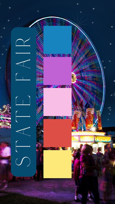 State Fair Color Palette by Felicity & Lilac Events Carnival Theme Color Palette, The Greatest Showman Color Palette, Carnival Colour Palette, Circus Color Palette, Carnival Color Palette, Indian Mela, Color Thesaurus, Fair Wedding, Texture Board