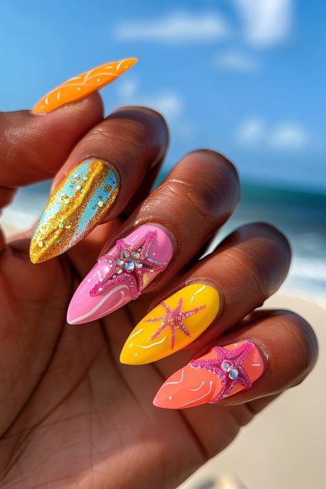 Unique Summer Nails Designs Art Ideas, Colorful Summer Nails 2024, Trending Summer Nails 2024, Nails June 2024, Marrakech Nails, Tropical Acrylic Nails, June Nails Ideas 2024, Tropical Nail Ideas, Summer Nails Yellow