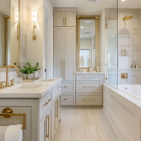 Modern Bathroom Makeup Vanity Ideas Master Bath, Bathroom Inspiration Gold Accents, Gold And White Bathrooms, Bathroom Countertops With White Cabinets, Bathroom Cabinets With Makeup Vanity, Neutral Primary Bathroom, Mid Century Master Bath, Cream Gold Bathroom, Tub Between Two Vanities