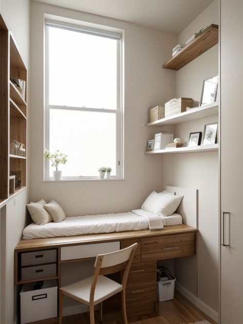 Maximize your small bedroom space by opting for a loft bed with a built-in desk underneath. Add floating shelves along the walls for extra storage and incorporate a full-length mirror to create the illusion of a larger space. Small Bedroom Arrangement, A Loft Bed, Bedroom Arrangement, Bedroom Space, Built In Desk, Full Length Mirror, Extra Storage, Small Bedroom, Bedroom Wall