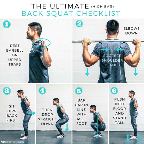 THE ULTIMATE HIGH BAR BACK SQUAT CHECKLIST!!-What’s up Achievers?! @jasonlpak here and today we have a 6-part checklist for a perfect set of high-bar back squats!-1️⃣REST BARBELL ON UPPER TRAPS: Try to rest the bar on the meaty part of your upper back, and avoid letting it rest on your neck! This barbell positioning is what makes this variation a “high bar” squat. For a low bar squat, you would place the barbell further down your upper back.-2️⃣SQUEEZE SHOULDER BLADES AND POINT ELBOWS DOWN Back Squat, Portrait Collage, Bar Back, Deep Squat, Back Squats, Gym Tips, Mobility Exercises, Diet Vegetarian, Effective Workouts