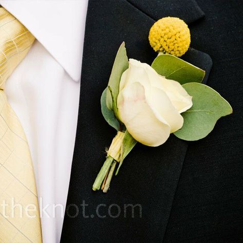 Floral and Lemon Centerpieces Yellow Boutonniere, White Tuxedo Wedding, Lemon Centerpieces, Groomsmen Boutonniere, Groom Boutonniere, Corsage Wedding, Boutonniere Wedding, Wholesale Flowers, Cream Roses