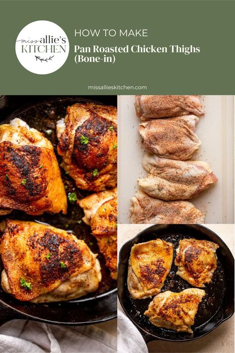 With these pan-roasted chicken thighs, you get really really crispy skin, lots of flavor, and juicy and tender meat from bone-in, skin-on chicken thighs. Baked Bone In Chicken Thighs, Baked Bone In Chicken, Mother Clucker, Cook Skins, Elk Recipes, Crispy Chicken Thighs, Bone In Chicken Thighs, Homemade Bone Broth, Tender Meat