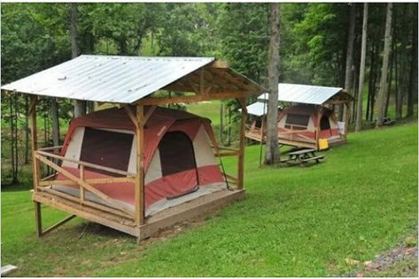 Hipcamp Ideas, Permanent Campsite Ideas, Glamping Campsite, Tent Platform, Glamping Ideas, Zelt Camping, Retro Camping, Best Tents For Camping, Cabin Tent