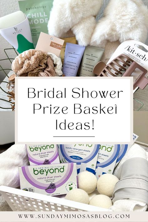 Awesome bridal shower prize ideas for guests! Your guests are going to LOVE these!! My mom and I put together 13 bridal shower gift baskets for games that our guests can win throughout the wedding shower. Check out our post here for all of our prize basket ideas for bridal shower! Bridal Shower Game Gifts, Prize Basket Ideas, Bridal Shower Prize Ideas, Top Bridal Shower Gifts, Bridal Shower Guest Gifts, Guest Gift Basket, Wedding Shower Prizes, Bridal Gift Baskets, Bridal Shower Baskets