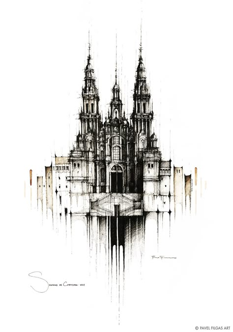 Spain, Santiago de Compostela, Pavel Filgas Art, Original drawing, sketching, ink drawing, painting, architecture, architecture drawing, arch sketch,  traveling, inspiration for traveling, city drawing, handmade creation, design, home decor, style, interior design, Art, Pavel Filgas, Cathedral Tattoo, Gothic Architecture Drawing, Gothic Drawings, Castle Tattoo, Castle Drawing, Painting Architecture, Sketches Drawing, Ink Water, Architecture Sketches