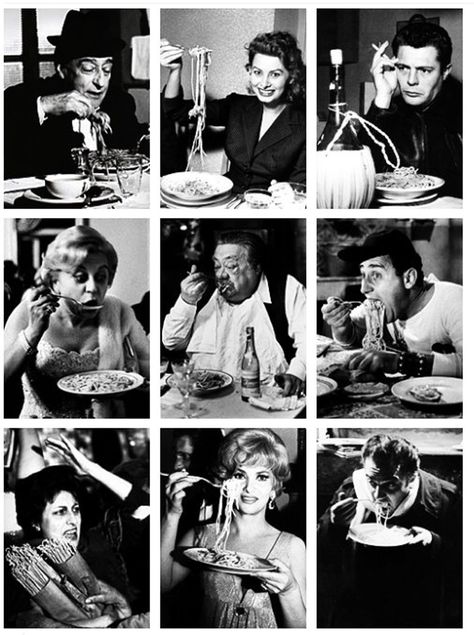 Italian actors eating pasta Pizza Spaghetti, Italian Photography, Anna Magnani, Federico Fellini, Pasta Italiana, Marcello Mastroianni, Sofia Loren, Cinema Film, Italian Culture